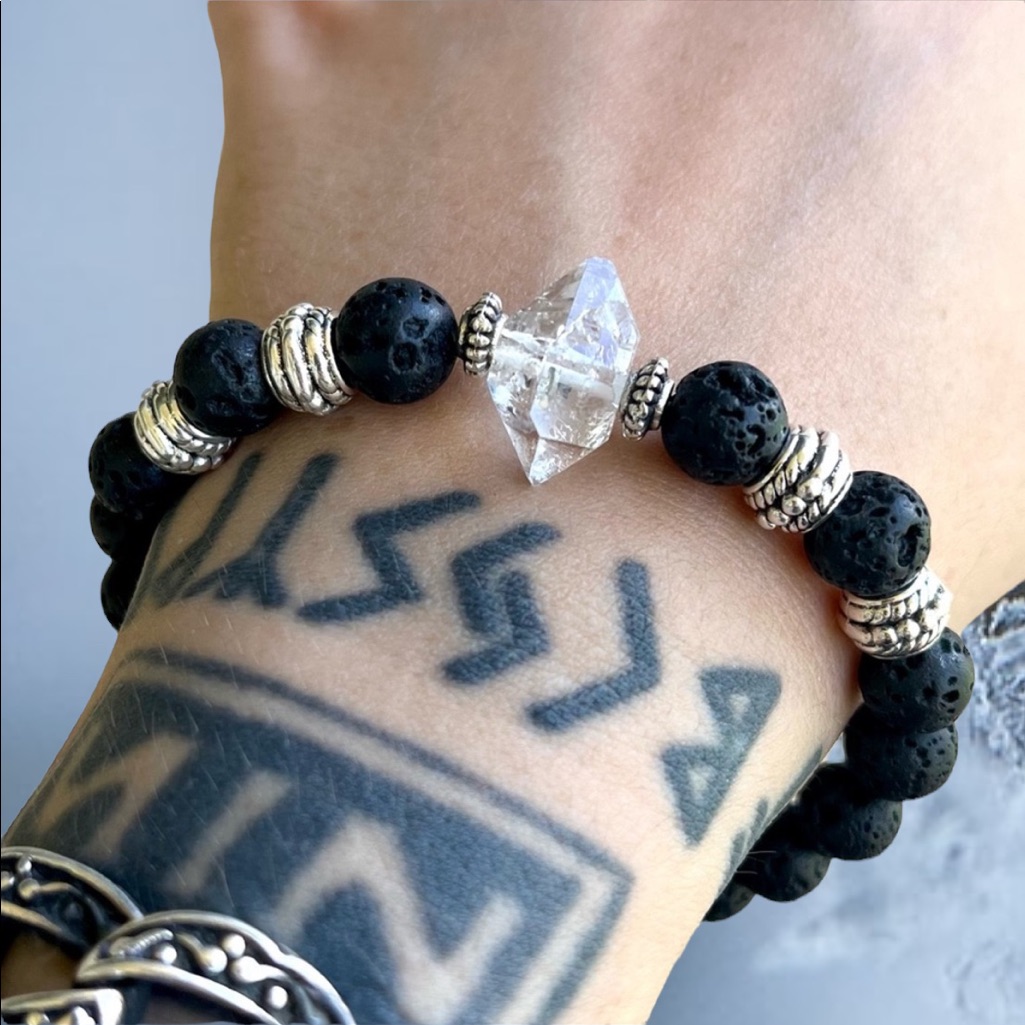 Genuine Herkimer Diamond Crystal Bracelet & Lava Rock Beads Boho Beaded Gems